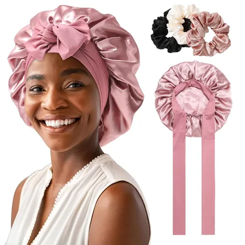 Miniatura 7 de Gorro de satén para mujer, con banda de amarre para el cabello, para dormir, grande de 2 capas, gorro de dormir de seda para dormir con 3 coleteros