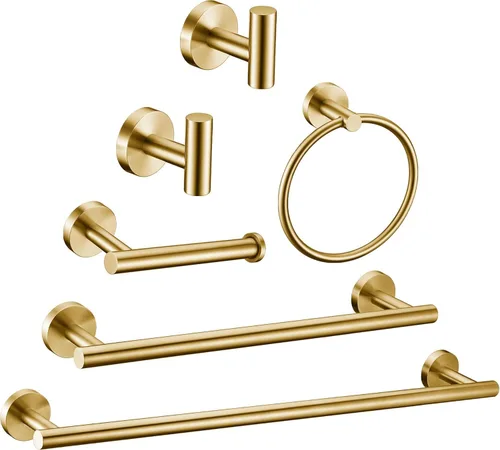 Juego de 6 piezas de accesorios de baño de oro cepillado, anillo de toalla de mano de 16 y 23.6 pulgadas, soporte para toallas redondas, ganchos