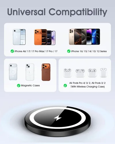 Miniatura 6 de WRVVR Paquete de 2 cargadores magnéticos para Apple Mag-Safe, cargador inalámbrico magnético para iPhone 17/17 Pro/17 Pro Max/Air/16 15 14 13 12 Pro