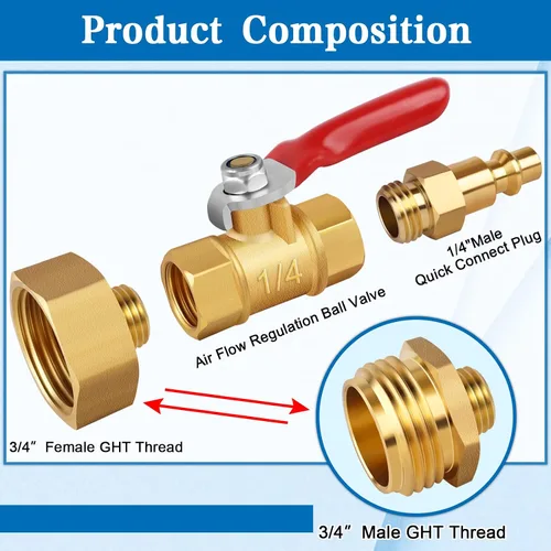 Miniatura 4 de Adaptadores de soplado para autocaravana, 3/4 pulgadas GHT macho y hembra de latón, conector de montaje de compresor de aire con válvula de cierre