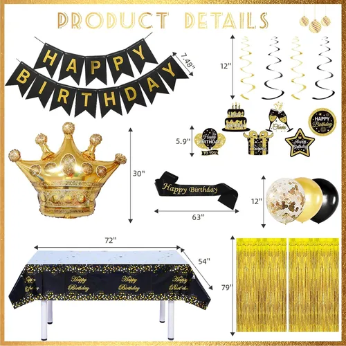 Miniatura 4 de Decoraciones de cumpleaños en negro y dorado para hombres y mujeres, decoraciones de fiesta en negro y dorado incluyen corona, remolinos colgantes