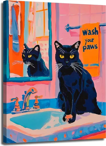 Miniatura 12 de Divertido Juego de Arte de Pared de Gato Negro para Baño de 2 Piezas, Pinturas Decorativas de Pared de Gato Negro Ecléctico en Baño, Póster