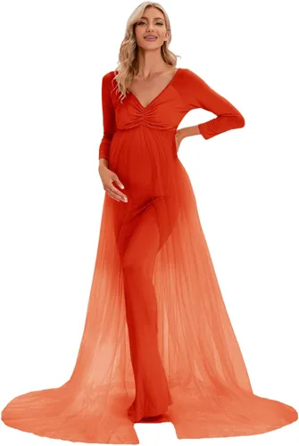Miniatura 3 de ZIUMUDY Vestido de maternidad de tul con hombros descubiertos para sesión de fotos, vestido de fotografía ajustado de manga larga para baby shower