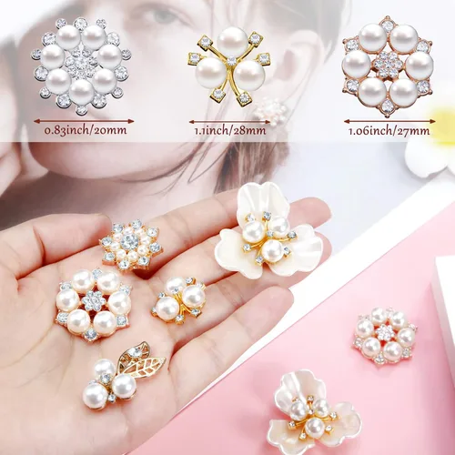 Miniatura 3 de Hicarer 22 Pieces Pearl Rhinestone Buttons Rhinestone Faux Pearl Embellishments Brooch Alloy Floral Pendants for Jewelry Making Party Wedding Bridal