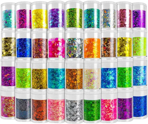 Mezcla de purpurina gruesa y fina multicolor, 36 colores de lentejuelas gruesas y mezcla de polvo - Copos iridiscentes de purpurina cosmética para