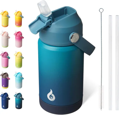 Miniatura 23 de BJPKPK - Botella de agua aislada con tapa de popote, 532 ml Botellas termo con boquilla suave, asa flexible y base antideslizante, libre de BPA, a