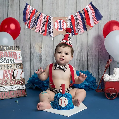 Miniatura 4 de Cartel de béisbol para el primer cumpleaños para silla de bebé, decoración de primer cumpleaños para niño, traje de aplastamiento de pasteles
