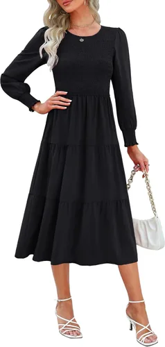 Zattcas Vestido de otoño de manga larga para mujer 2023, corpiño fruncido y puños con lunares suizos, cuello redondo, escalonado, modesto, casual,