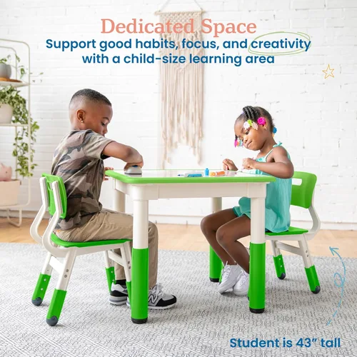 Miniatura 3 de ECR4Kids Mesa de actividades cuadrada de borrado en seco con 2 sillas, ajustable, muebles para niños, verde hierba, 3 piezas Verde (Grassy Green)