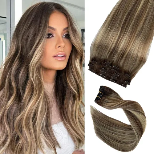 Miniatura 18 de Extensiones de cabello humano real con clip, color blanco hielo, extensiones de cabello humano Remy con clip, 18 pulgadas, 7 piezas, 2.47 oz