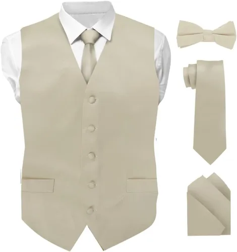 Vittorio Farina Chaleco de traje de satén de color sólido para hombre, juego de 4 chaleco, corbatín, corbata de moño y bolsillo cuadrado (parte