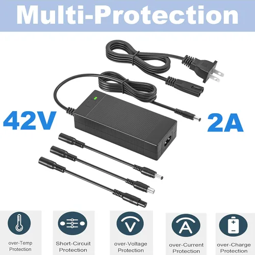 Miniatura 4 de Cargador de 42 V 2 A con 4 puntas (5.5 x 2.1/5.5 x 2.5/0.315 in, 3 clavijas/RCA) compatible con Hiboy, Gotrax, Swagtron universal para batería