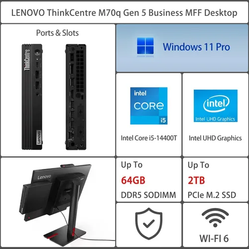 Miniatura 2 de Lenovo ThinkCentre M70q Gen 5 Tiny Desktop, 8GB DDR5 RAM, 256GB PCIe SSD, 1L Mini PC MFF computadora con Office 365, Intel 10-Core i5-14400T, WiFi