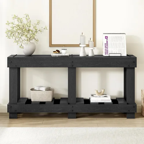 Miniatura 19 de Elegante mesa consola de 63 pulgadas con chapa de pino y patas geométricas, aparador de buffet versátil, mesa auxiliar de madera extra larga