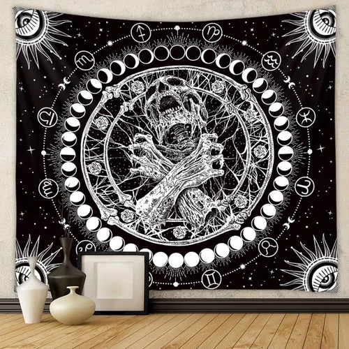 Tapzen Tapiz gótico de tarot de fase lunar para dormitorio, para colgar en la pared de terror en blanco y negro (90 x 70 pulgadas)