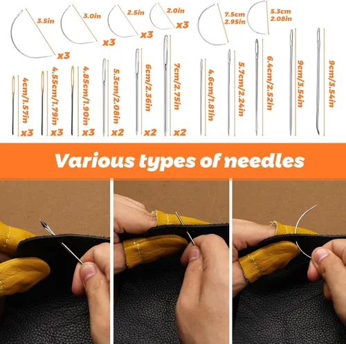 Miniatura 4 de Tikjiua Kit de costura de reparación de tapicería, 8 piezas de hilo encerado, agujas de coser de cuero, punzón de costura, dedal, kit de reparación