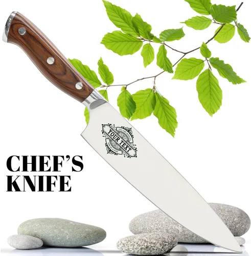 Miniatura 4 de Cuchillo de cocina personalizable de acero inoxidable 5Cr15 Mov de 9 pulgadas con iconos grabados con láser, calidad profesional dorada o negra