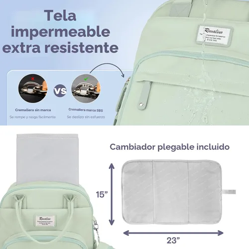 Miniatura 6 de RUVALINO Mochila para pañales - Bolsa de viaje multifunción para bebé con cambiador, soportes aislados para botellas y funda para chupete, gran