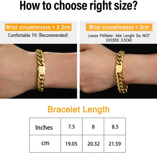 Miniatura 5 de Pulsera de cadena cubana Miami de 0.394 in y 0.472 in para hombres y mujeres, chapado en platino de 14 quilates, joyería de hip hop de acero