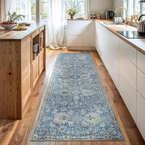 Miniatura 13 de Bloom Rugs Caria Alfombra Lavable Antideslizante de 7 pies - Azul/Carbón Alfombra Tradicional para Entrada, Pasillo, Baño y Cocina - Tamaño Exacto