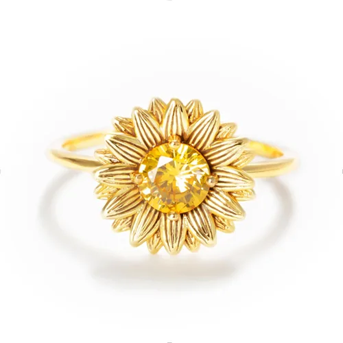 STORYJEWELLERY Anillo de girasol, anillos chapados en oro de 18 quilates para mujer, anillo de flores, anillos de verano, joyería de girasol,
