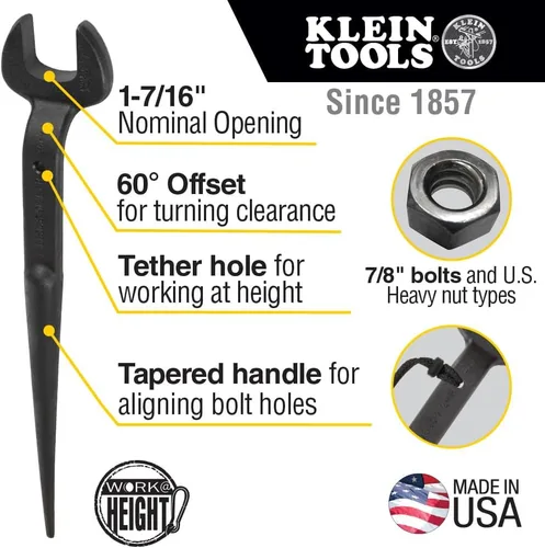 Miniatura 2 de KLEIN TOOLS 3213TT - Llave de construcción con agujero de sujeción, fabricada en Estados Unidos, apertura nominal de 1-7/16 pulgadas, perno de 7/8