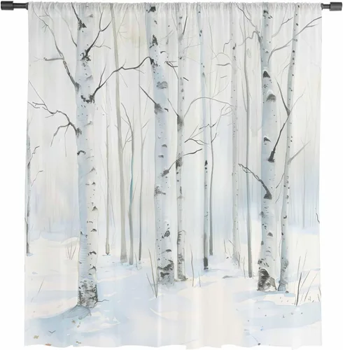 Miniatura 2 de Cortinas semitransparentes de abedul blanco para sala de estar, dormitorio, puertas francesas, ventana de 63 pulgadas de largo, acuarela, invierno