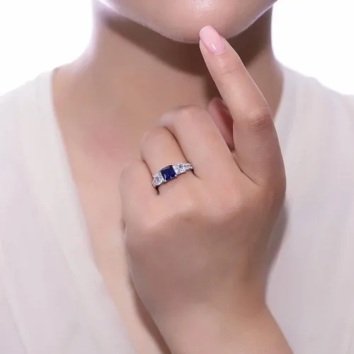 Miniatura 5 de BERRICLE Sterling Silver 3-Stone Wedding Engagement Promise Rings for Her, Stackable Band Ring Set for Women, Cubic Zirconia CZ - Sapphire-Blue