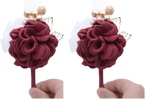 Boutonniere de satén para hombre, diseño de flores de novia para boda, fiesta de graduación, 2 unidades, color burdeos