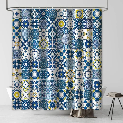 MEHOFOND Cortina de ducha con azulejos azules y amarillos, textura retro moderna, mosaico marroquí, cortina de ducha mediterránea portuguesa para