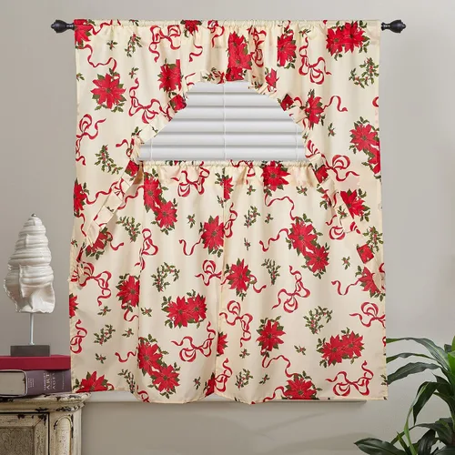 Miniatura 7 de Violet Linen Juego de cortinas de cocina de 3 piezas con estampado botánico botánico de Navidad