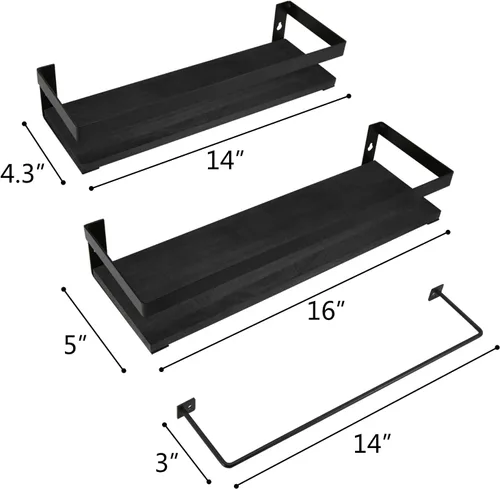 Miniatura 3 de Y&ME YM Estantes flotantes negros con toallero, juego de 2 estantes de baño para colgar en la pared, estantes decorativos flotantes de madera