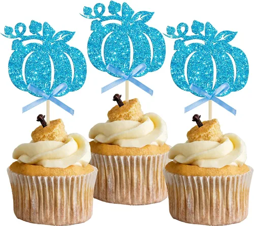 Miniatura 28 de Gyufise Decoración de pastel de calabaza – Decoración azul para pastel de baby shower para cumpleaños, Halloween, suministros de fiesta de Acción