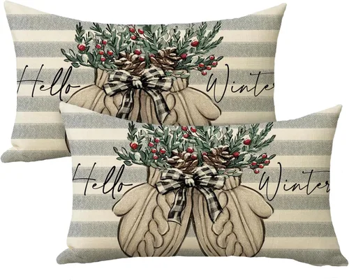 Miniatura 7 de Hello Winter Mitten - Funda de almohada decorativa gris de 16 x 16 pulgadas, guante, bayas rojas, rayas grises, porche, decoración del hogar al aire