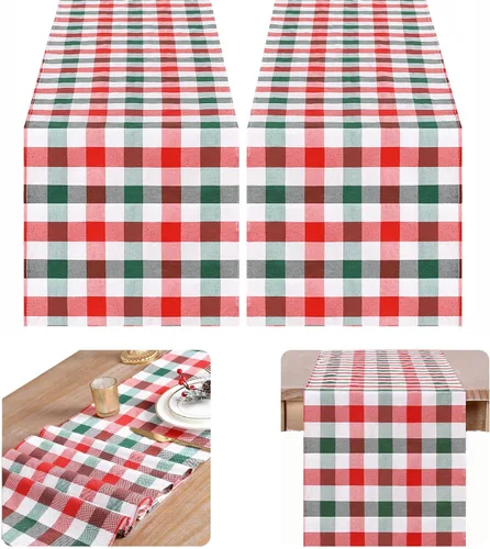 Miniatura 23 de Camino de mesa a cuadros de búfalo negro y rojo, 2 paquetes de 13 x 108 pulgadas, caminos de mesa navideños a cuadros para decoración de mesa
