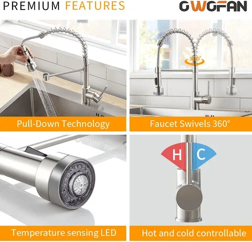 Miniatura 8 de Grifo de cocina con rociador LED, grifo de fregadero de cocina de una sola manija con rociador extraíble, muelle y luz LED de níquel cepillado
