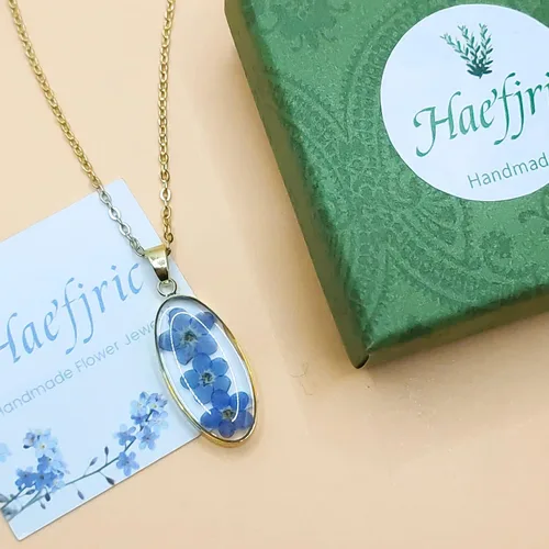 Miniatura 77 de Collar de flores silvestres prensadas con encaje de Forget-Me-Not y Queen Anne Collar de flores prensadas de oro Collares hechos a mano