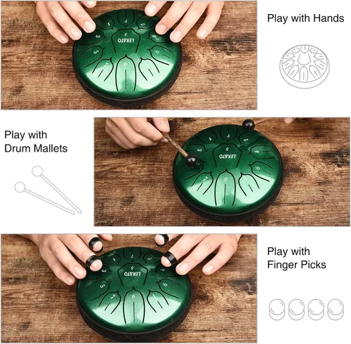 Miniatura 3 de LEKATO Tambor de lluvia para exteriores, tambor de lengüeta de acero de 6 pulgadas, 11 notas, carillón de lluvia de percusión para meditación, yoga
