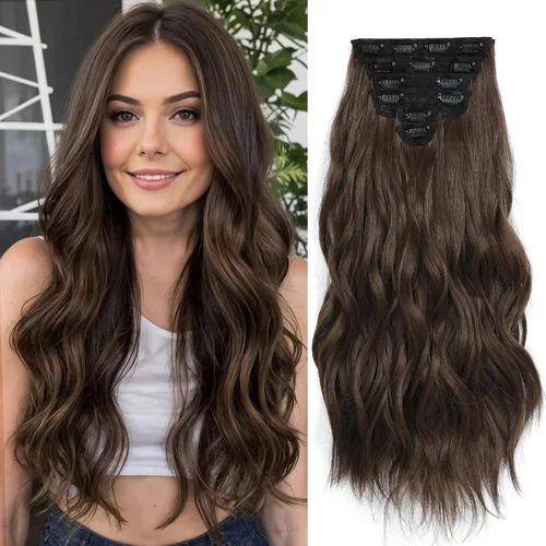 Miniatura 26 de Extensiones de cabello con clip para mujer, negro natural con reflejos marrones, 20 pulgadas, 6 piezas, extensiones de cabello largo, ondulado