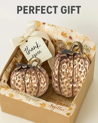 Miniatura 6 de GoGnome Juego de 2 figuras de calabaza de resina dorada, decoraciones texturizadas de cosecha de otoño para centro de mesa, decoración de Acción