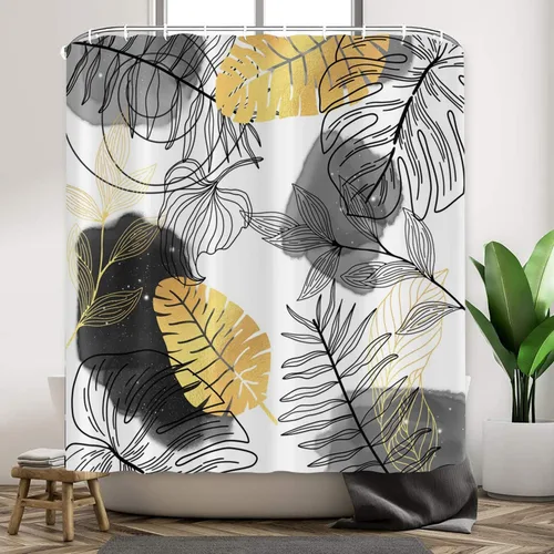 Miniatura 4 de Cortina de ducha bohemia y chic, cortina de baño moderna con hojas tropicales abstractas y ramas botánicas doradas, para decoración del hogar, tela
