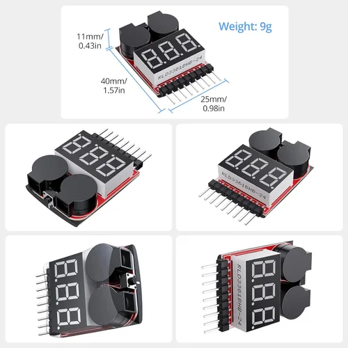 Miniatura 6 de CAMWAY Probador de voltaje de batería Lipo, 5 unidades, 2 en 1, 1-8s, alarma de zumbador de bajo voltaje, probador de monitor de batería para 1-8s