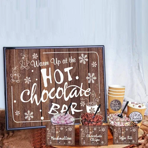 FaCraft Kit de Barra de Chocolate Caliente con Cartel de Señal y Soporte, Etiquetas, Tarjetas de Mesa, Accesorios para Barra de Café para Fiesta de