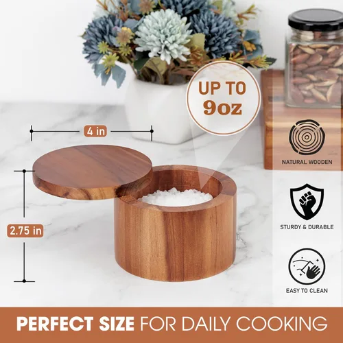 Miniatura 2 de Demigo Salero de Acacia con Capacidad de 9 Onzas, Caja de Sal de Madera con Tapa Giratoria, Conservador de Especias, Frasco de Madera para Cocina