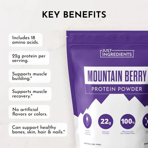 Miniatura 8 de JUST INGREDIENTS Mountain Berry Proteína en polvo, 30 porciones con suero de leche 100% alimentado con pasto y proteínas vegetales orgánicas, sabor
