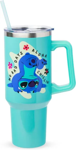Silver Buffalo Disney Lilo and Stitch Aloha - Vaso de acero inoxidable de doble pared con asa y pajilla, se adapta al portavasos estándar, 40 onzas