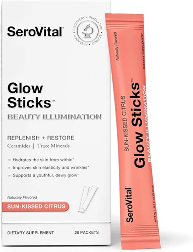 Serovital Glow Sticks - Mezcla de bebida en polvo sin azúcar con ácido hialurónico ceramidas electrolitos para hidratación de la piel en 14 días