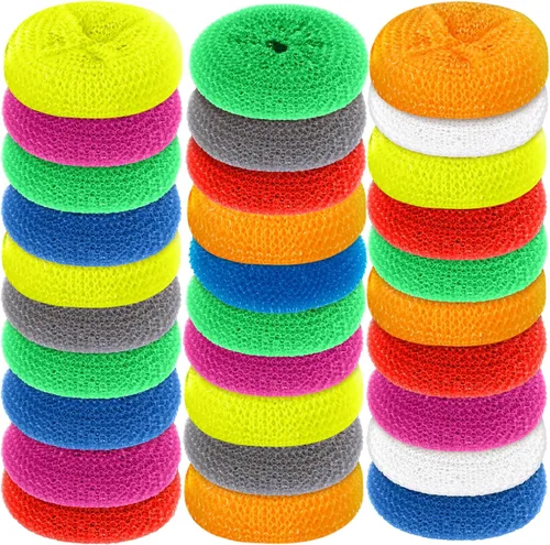 Miniatura 10 de Blulu Estropajos de plástico para platos, almohadilla redonda de nailon, almohadillas de malla que no rayan (colores arcoíris, 15 piezas)