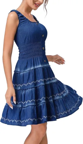 Miniatura 2 de DREFBUFY - Vestido largo para verano, sin mangas, acampanado, de mezclilla y algodón, azul, estilo casual y bohemio, para mujer