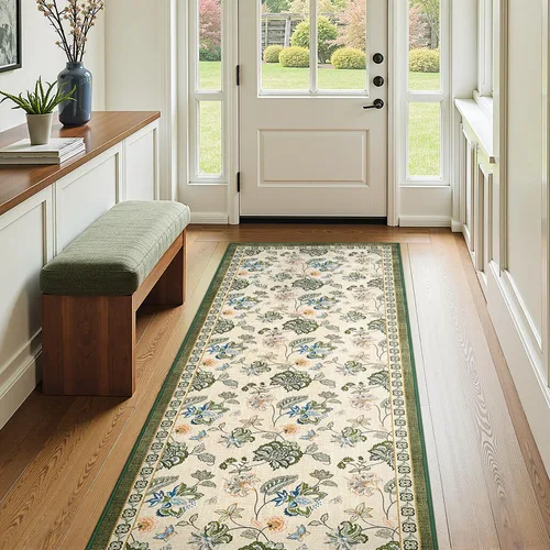 Miniatura 10 de Jinchan Fiora - Alfombra redonda de 8 pies, alfombras vintage con diseño floral envejecido, lavable a máquina, antideslizante, de pelo bajo, Azul